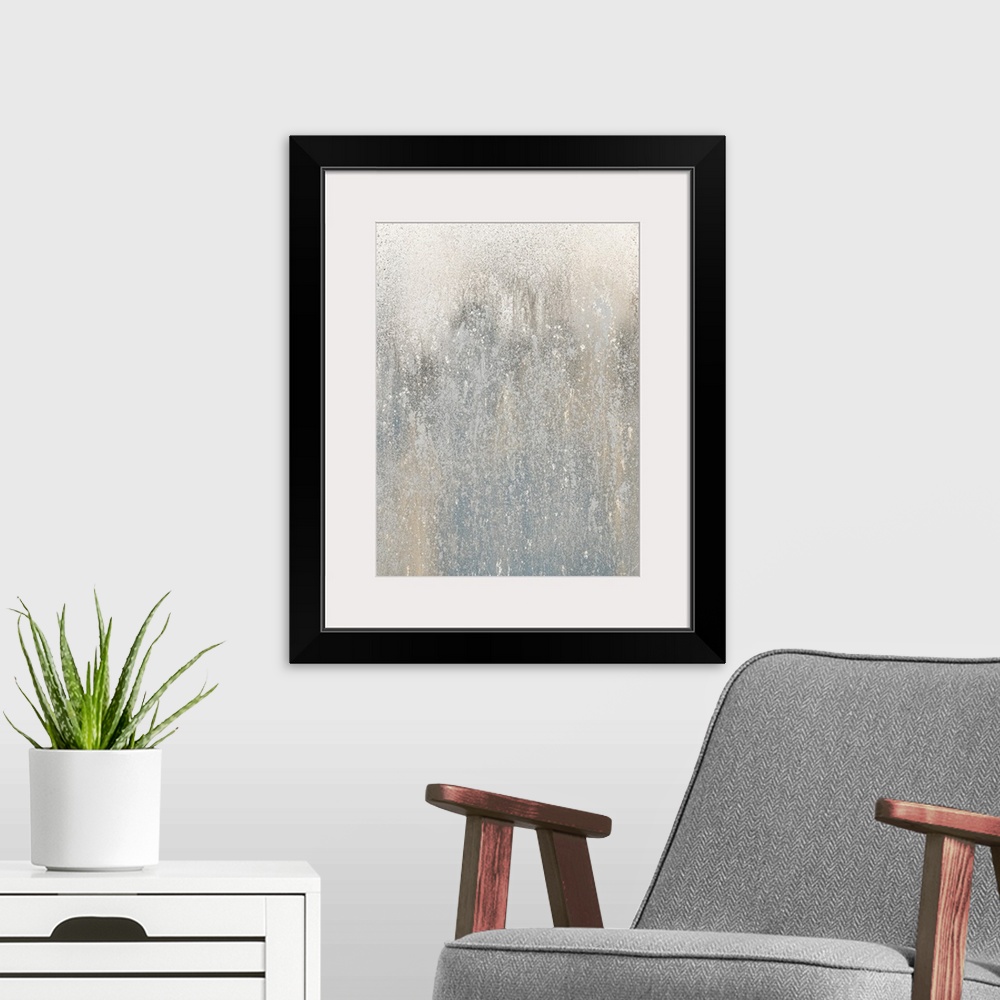 A modern room featuring Contemporary abstract painting created with shades of tan and gray splattered all over the canvas...