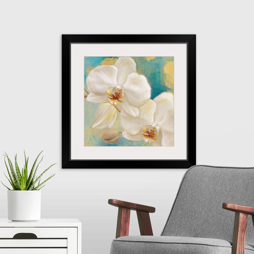 A modern room featuring Large floral art focuses on a couple flowers sitting on the stem of an orchid against a slightly ...