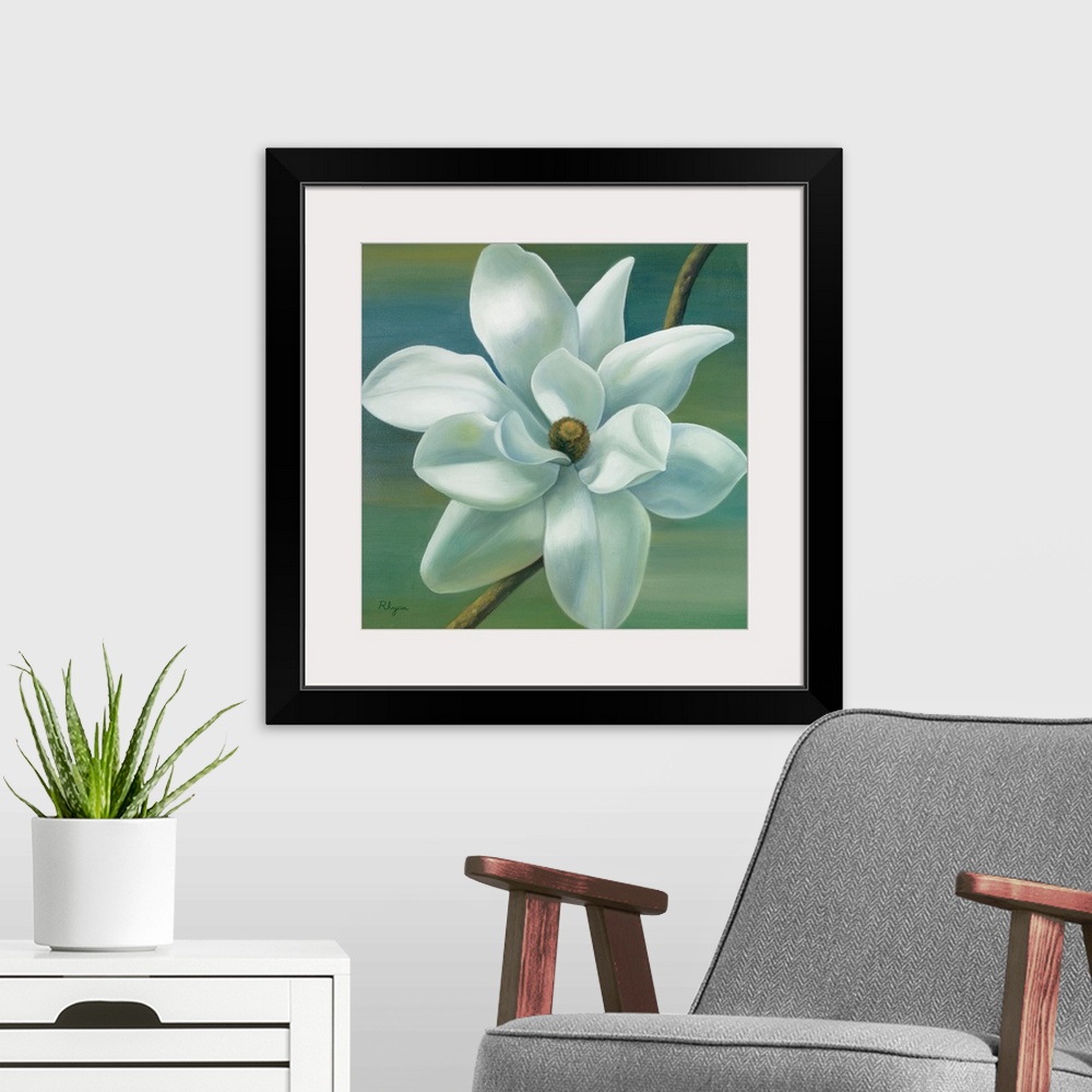 A modern room featuring Giant, square, floral painting of a fully bloomed star magnolia on a thin branch, on a background...