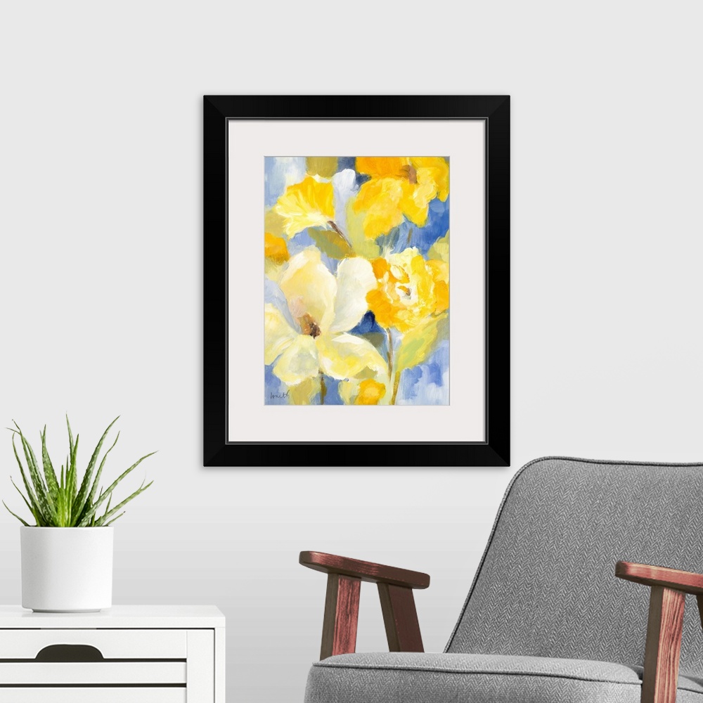 A modern room featuring Cheerful painting of bright yellow flowers on blue.