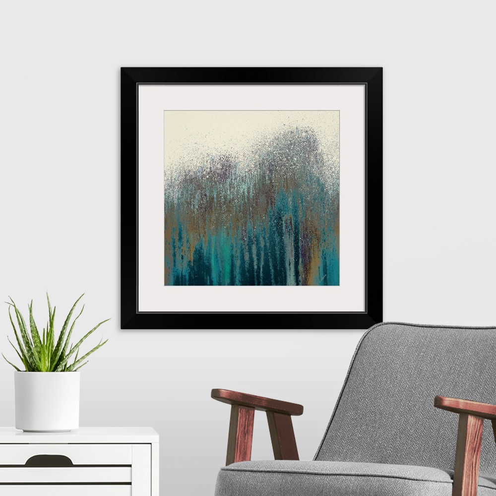 A modern room featuring This square abstract painting of streaks and splatters of paint makes a wonderful decorative acce...