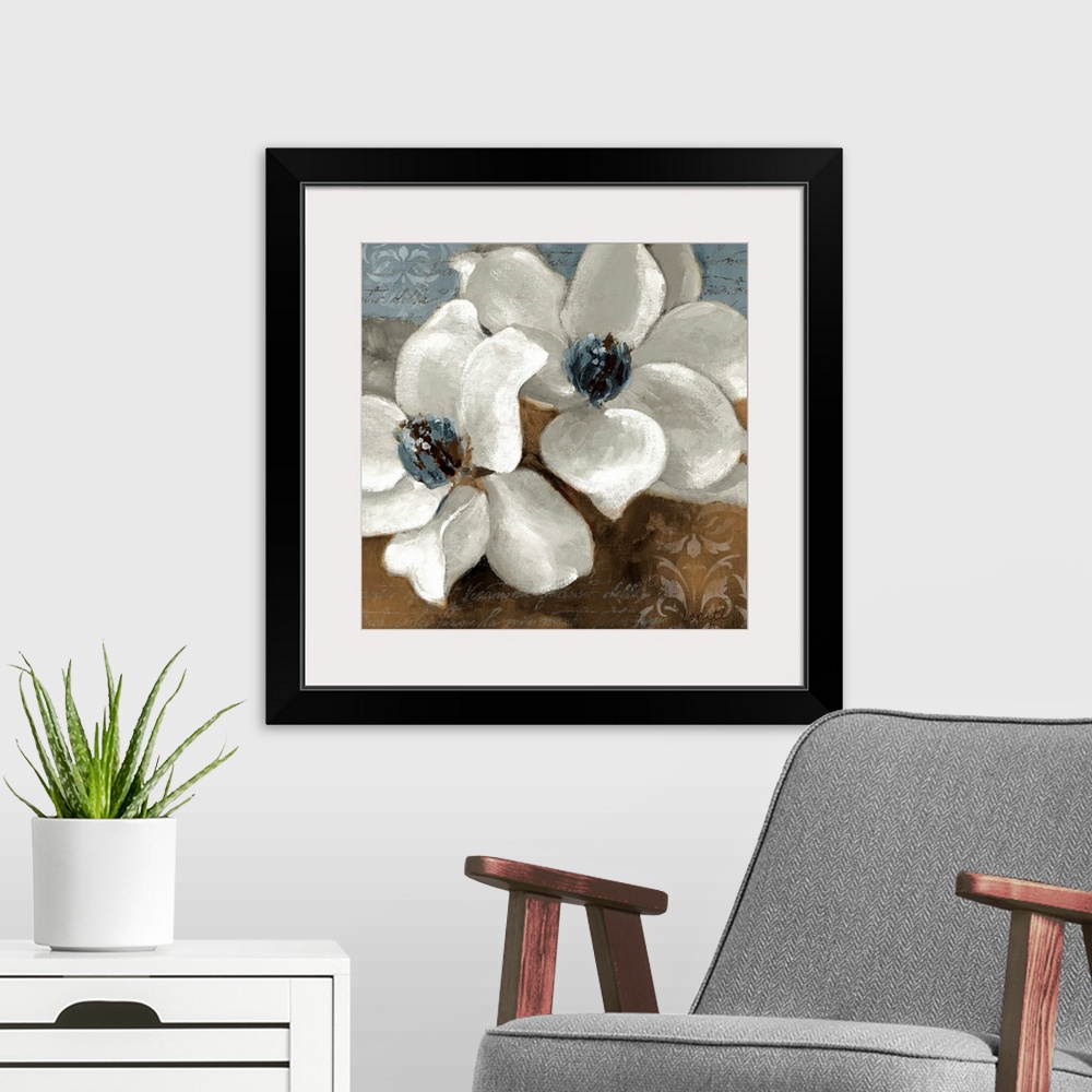 A modern room featuring Big floral art composed of a close-up of two flowers set against a background filled with muted t...