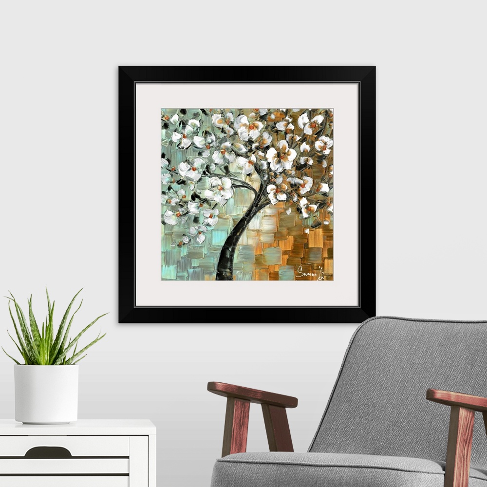 A modern room featuring Contemporary painting of a tree with white flowers on a gold and light blue background created wi...