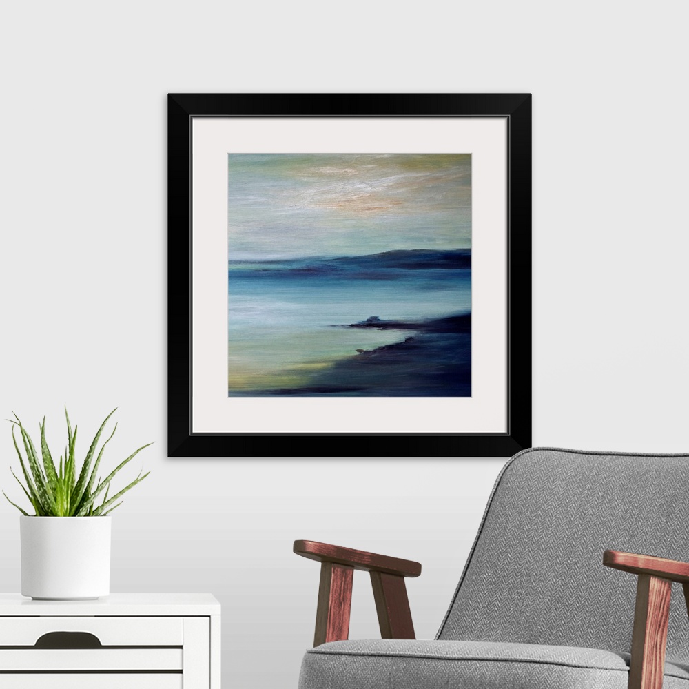 A modern room featuring A large piece of contemporary artwork of a painted coast with land protruding into the water in t...