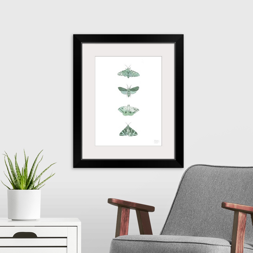 A modern room featuring Watercolor and ink print with four different species of moths.