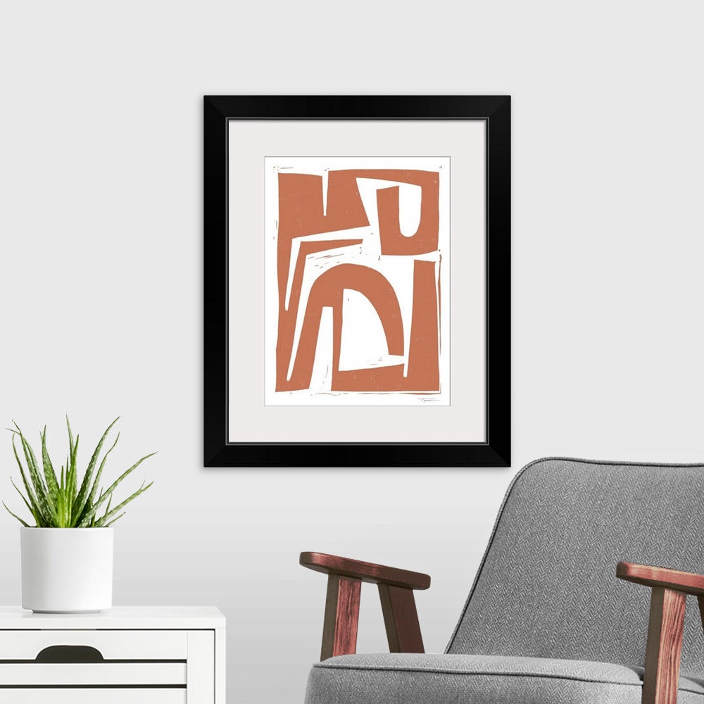 A modern room featuring Abstract tribal block print in the color terra cotta.