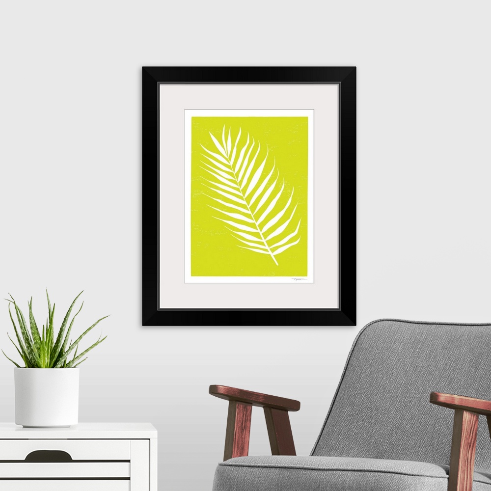 A modern room featuring Minimalist block print palm leaf in the color chartreuse.