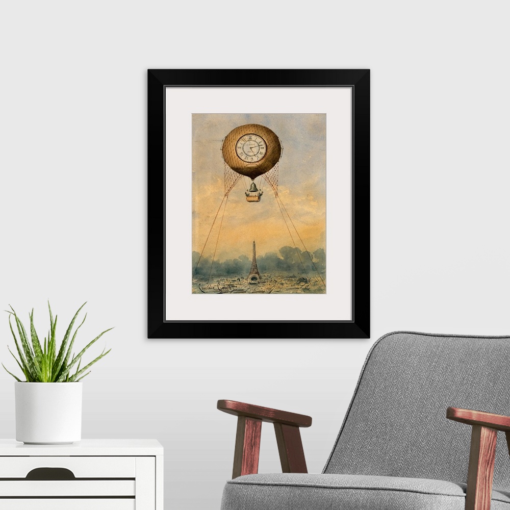 A modern room featuring A hot air balloon suspended above the Eiffel Tower in Paris, France. Watercolor by Camille Gr?vis...
