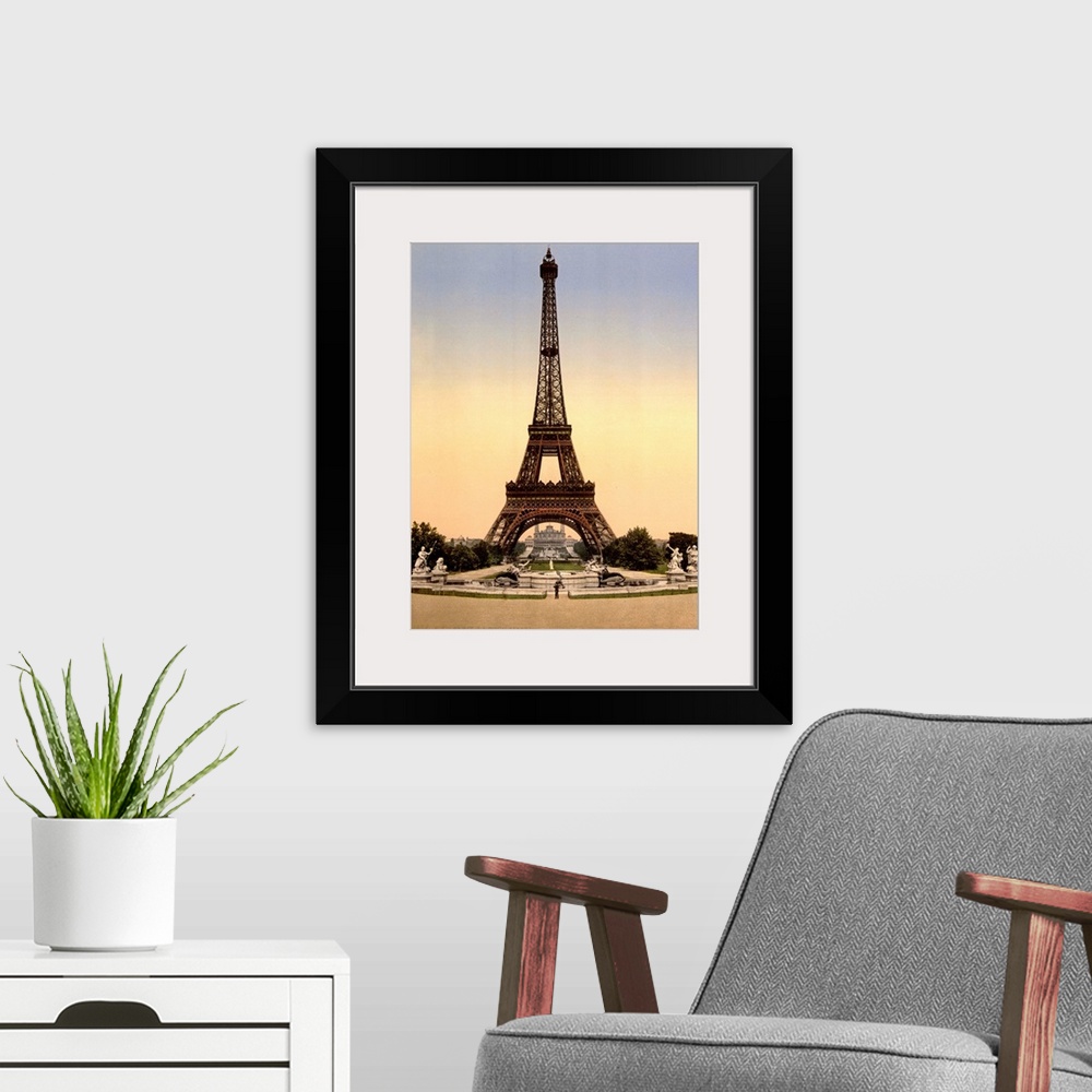 A modern room featuring A view of the Eiffel Tower and the Trocadero during the Exposition Universelle of 1900 in Paris, ...