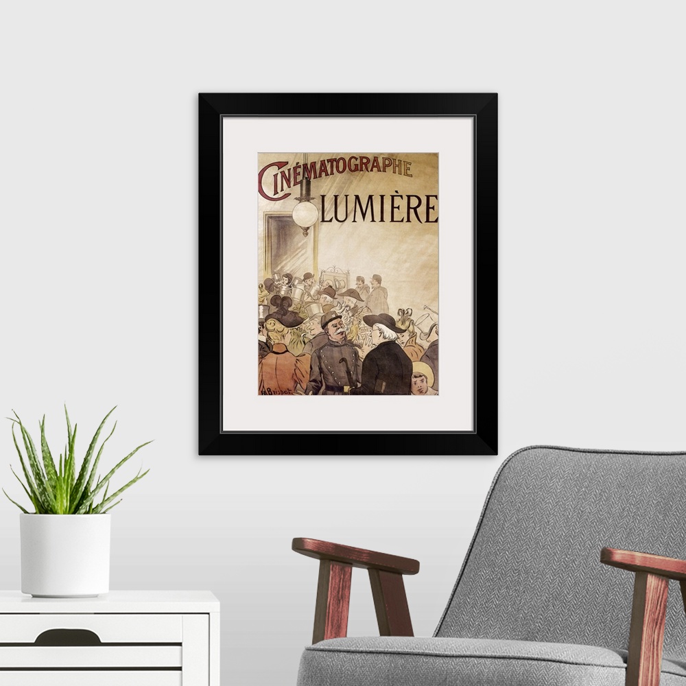 A modern room featuring French chemist and motion picture pioneer. French poster for 'Cinematographe Lumiere,' the Lumier...