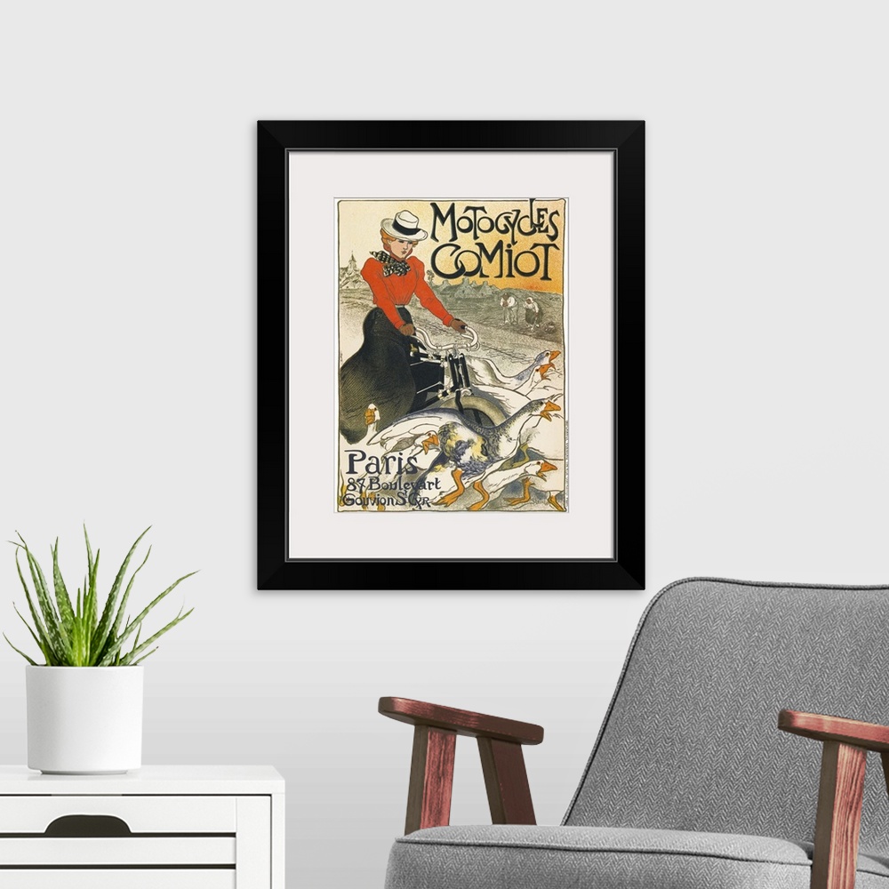 A modern room featuring Poster for Comiot motorcycles in Paris, France. Lithograph by Theophile Alexandre Steinlen, 1899.