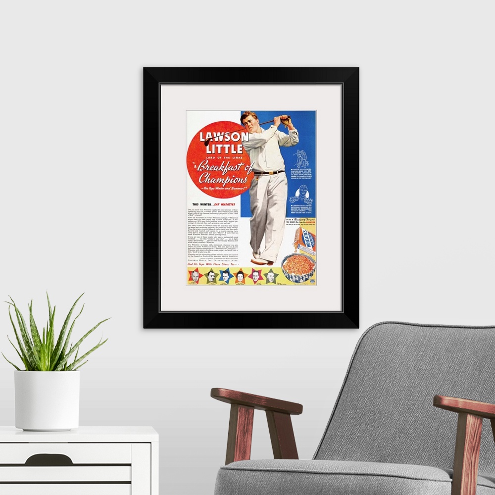 A modern room featuring American magazine advertisement, 1937, for Wheaties, 'The Breakfast of Champions,' featuring the ...