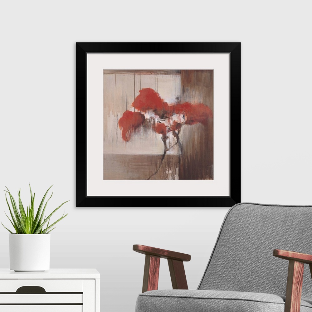 A modern room featuring Contemporary painting of red flowers against a muted earthy toned background.