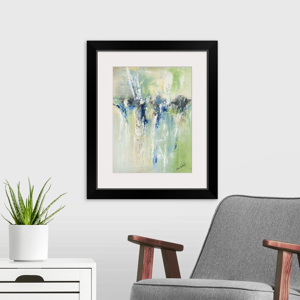A modern room featuring Large abstract painting in blue, green, yellow, gray, ad white hues.