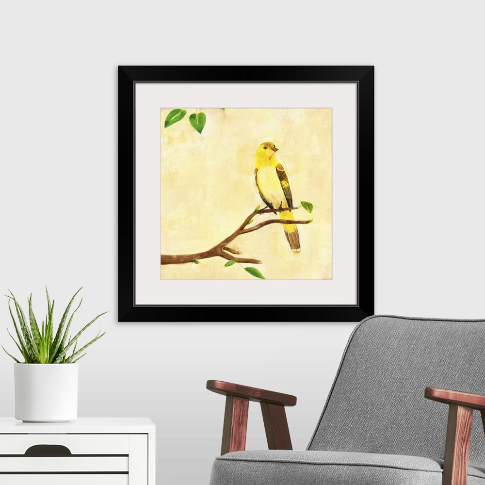 A modern room featuring Contemporary artwork of a yellow garden bird perched on a tree branch.