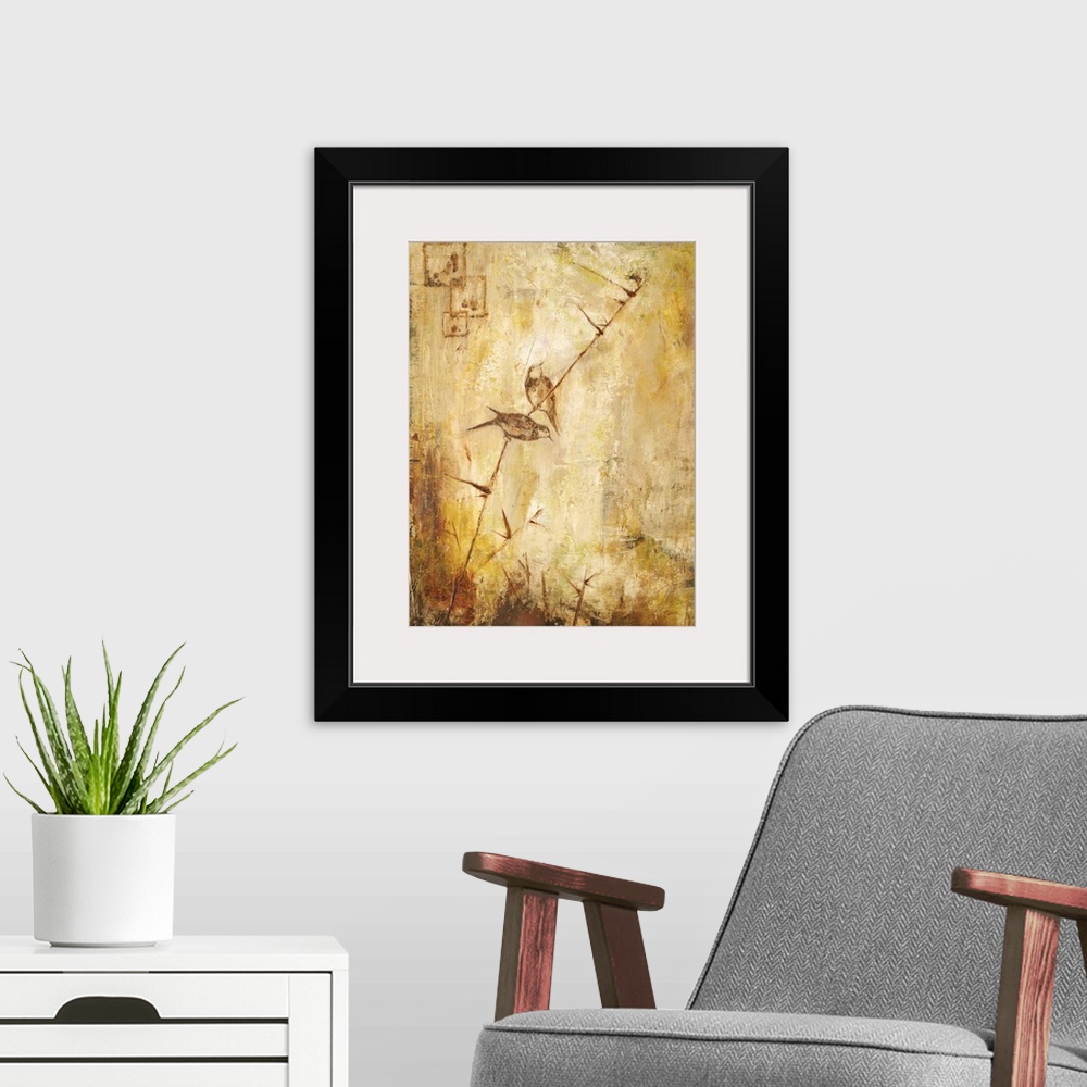 A modern room featuring Contemporary painting of a pair of birds perched on a long thin stem.