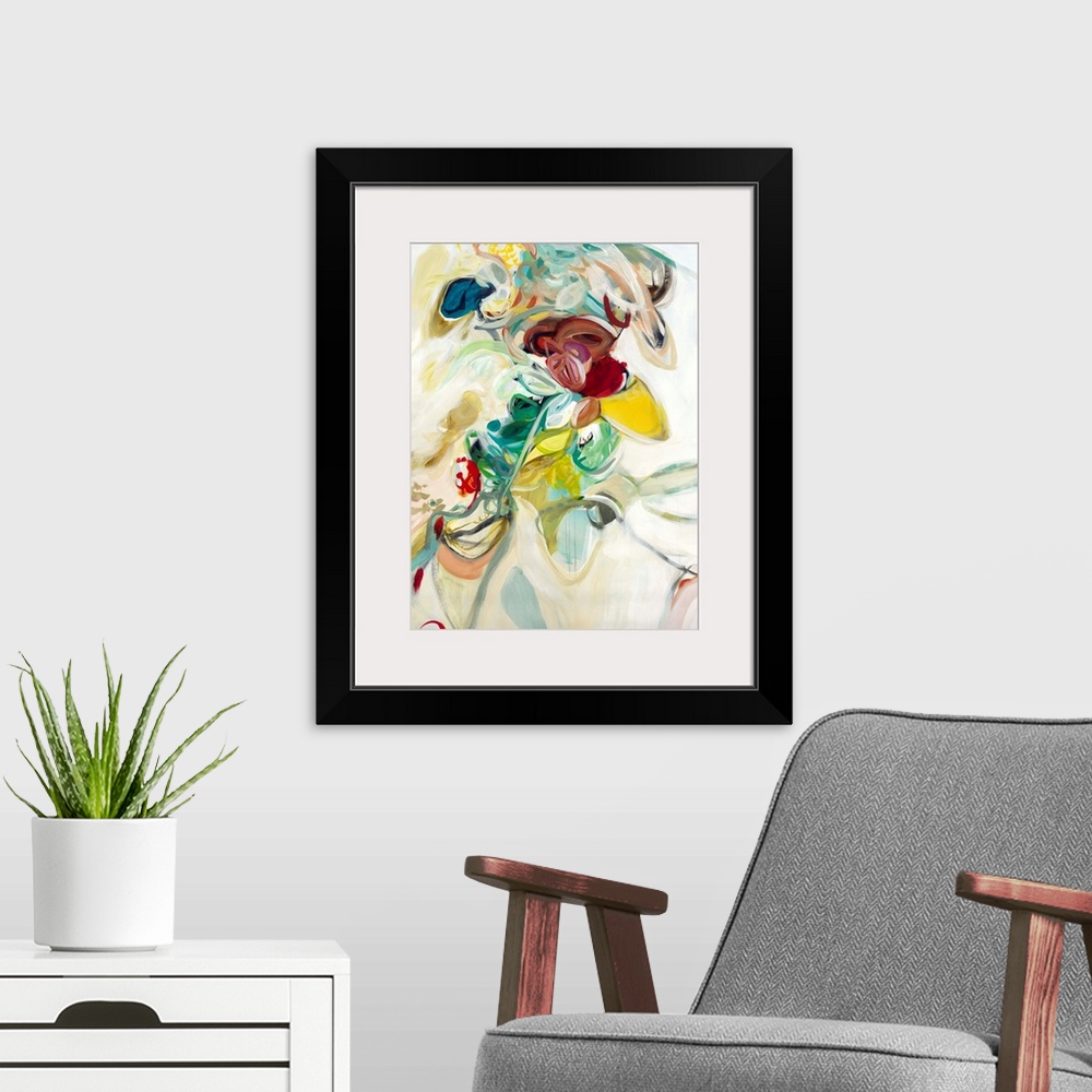 A modern room featuring Contemporary abstract painting with busy, loopy brushstrokes in playful colors.