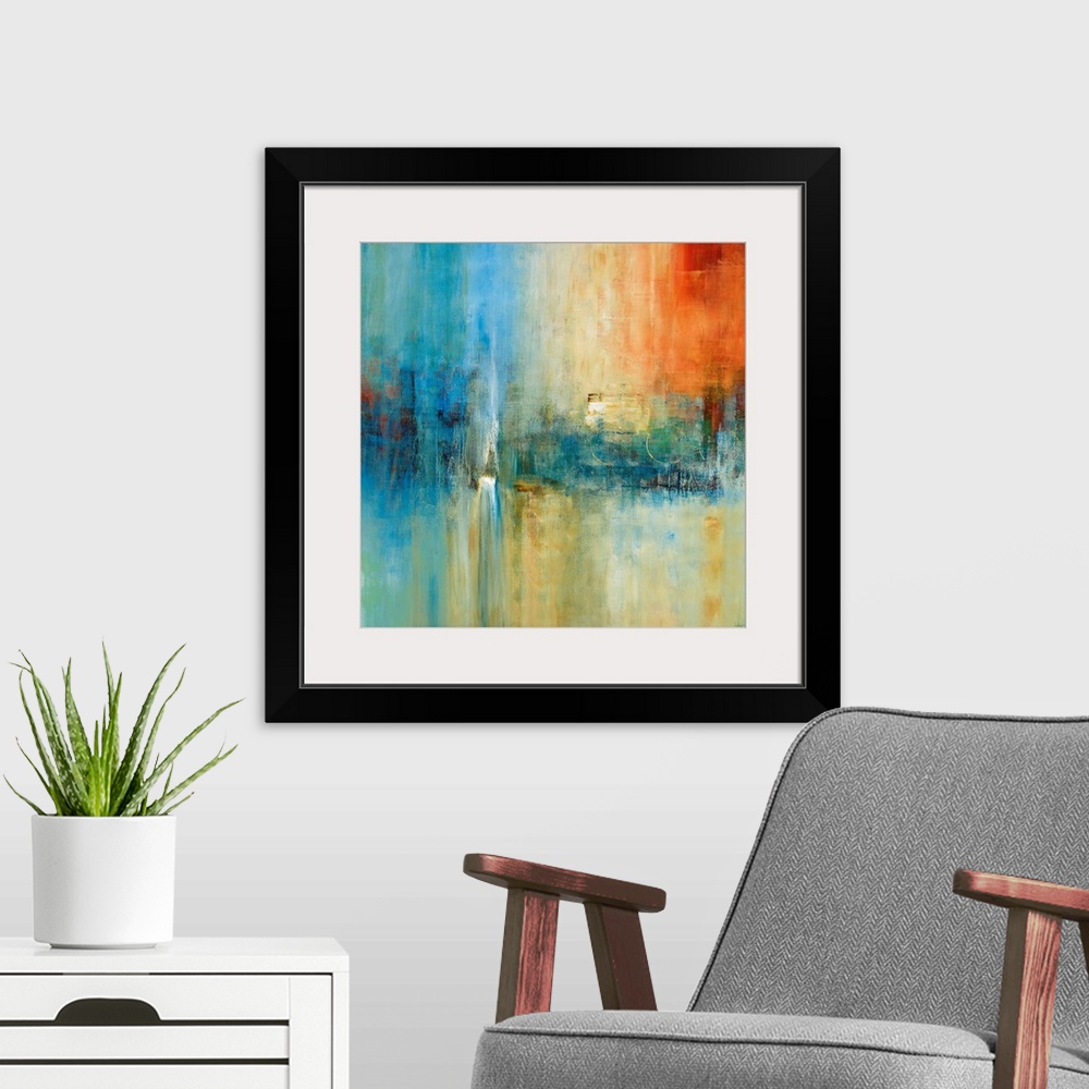 A modern room featuring A square abstract painting with strong vertical movement and dramatic use of color. The serene co...