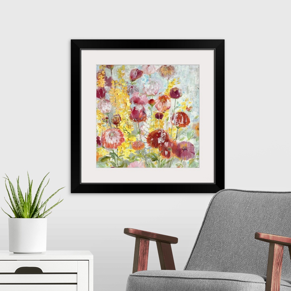 A modern room featuring A contemporary painting of vibrant garden flowers against a pale blue background.