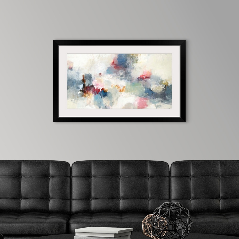 A modern room featuring Abstract painting made in shades of blue, red, cream, gray, yellow, and orange.