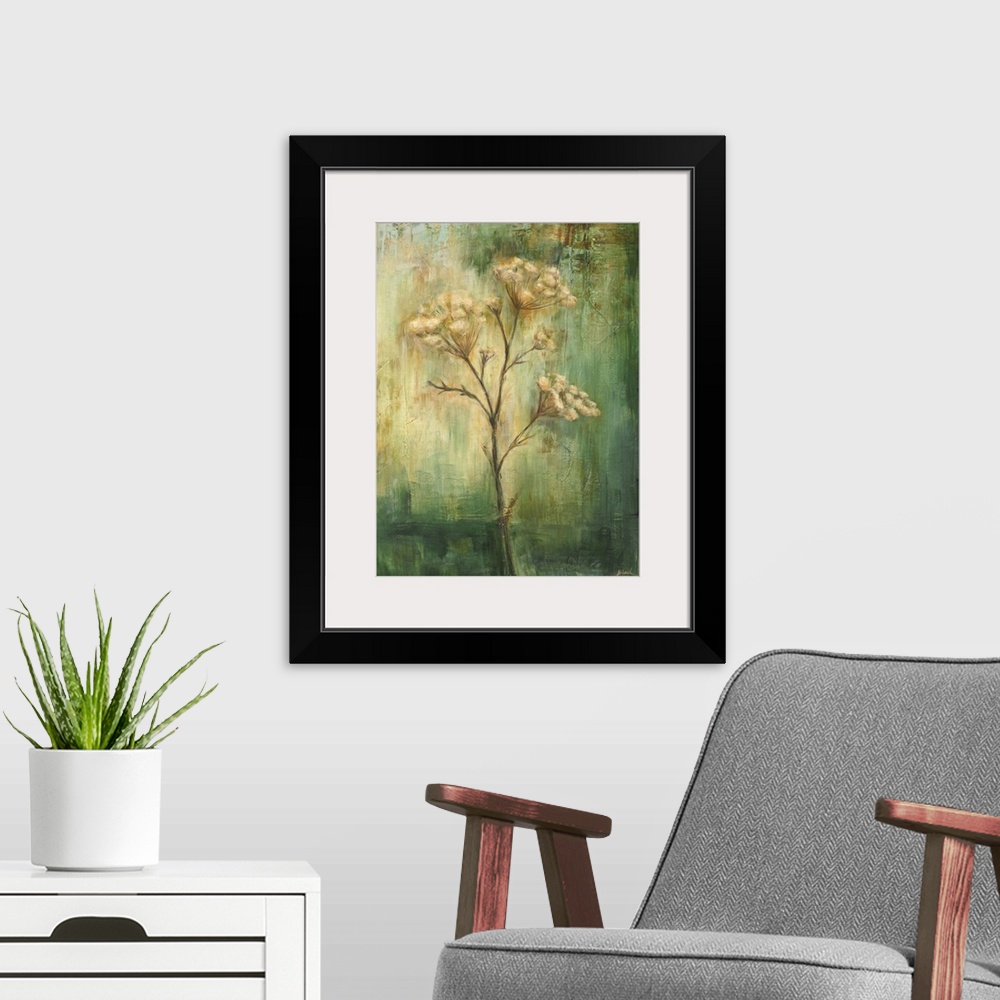 A modern room featuring Contemporary painting of a single flower standing in the center of the image against a washed and...