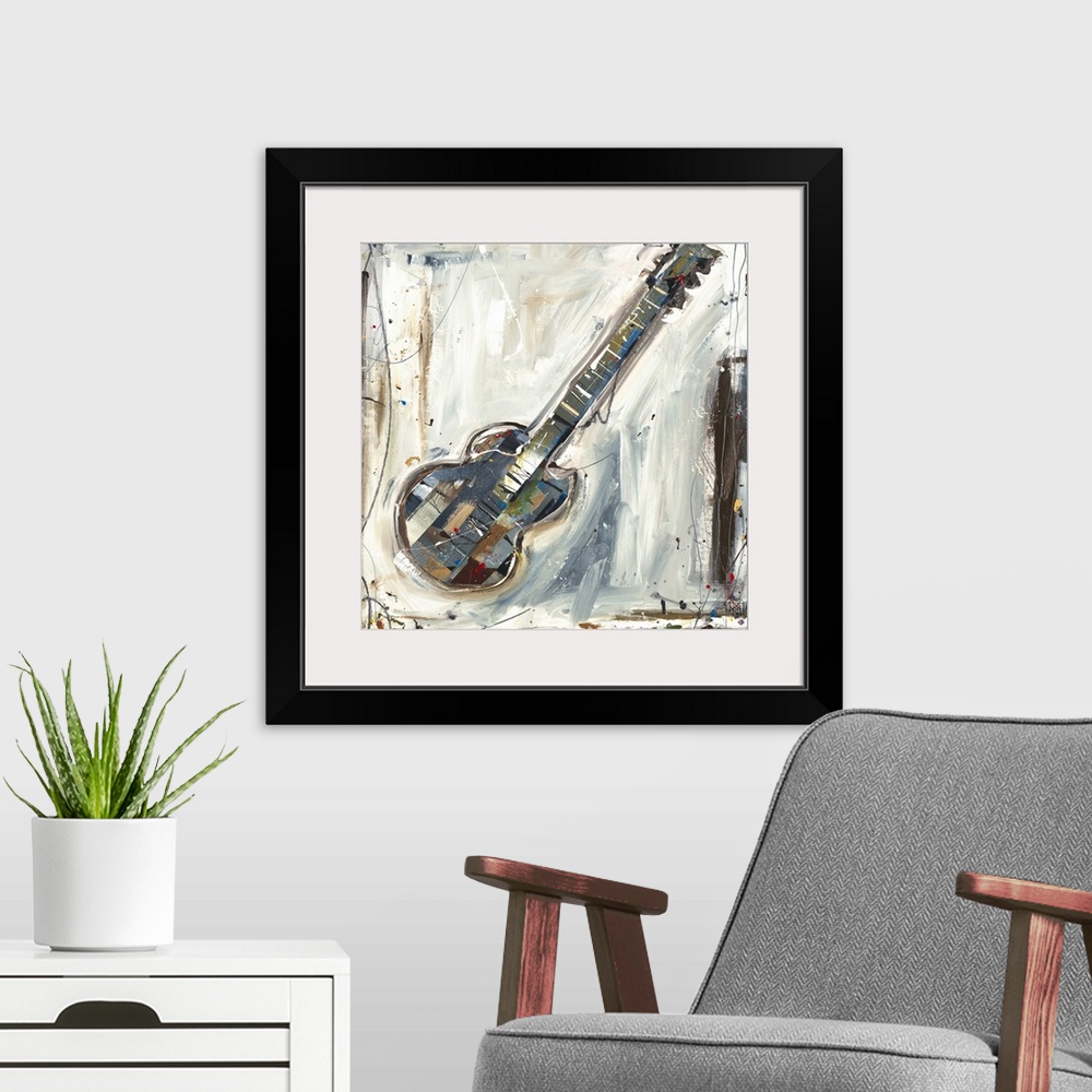 A modern room featuring Contemporary abstract painting of musical instrument.  Brush strokes are visible along with paint...