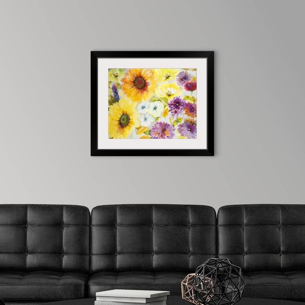 A modern room featuring A painting of vibrant yellow and purple garden flowers.