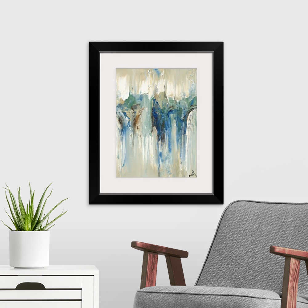 A modern room featuring Large contemporary painting with an abstract design in the middle on a beige background with blue...