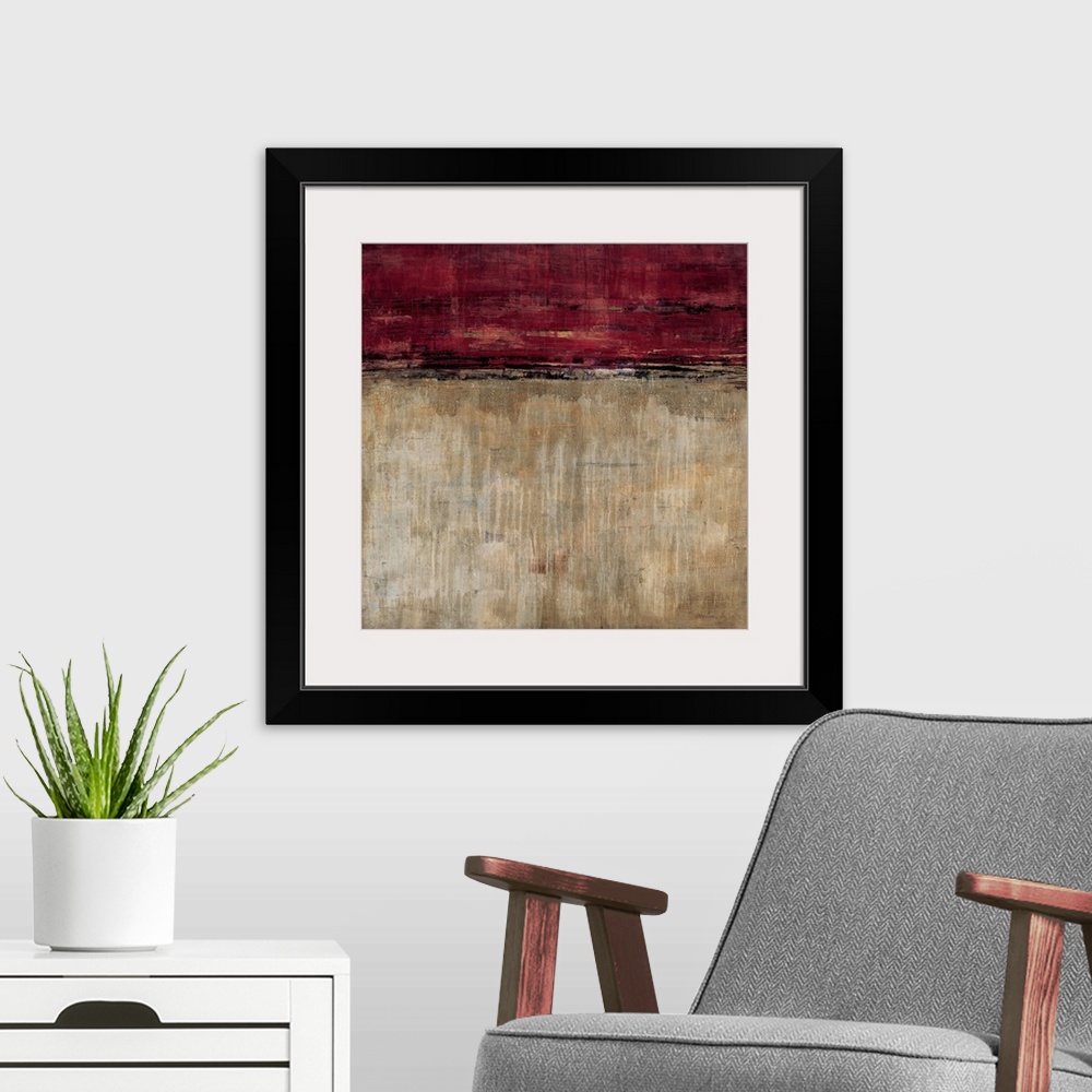 A modern room featuring Contemporary abstract painting using earth tones and dark red to make a color field.
