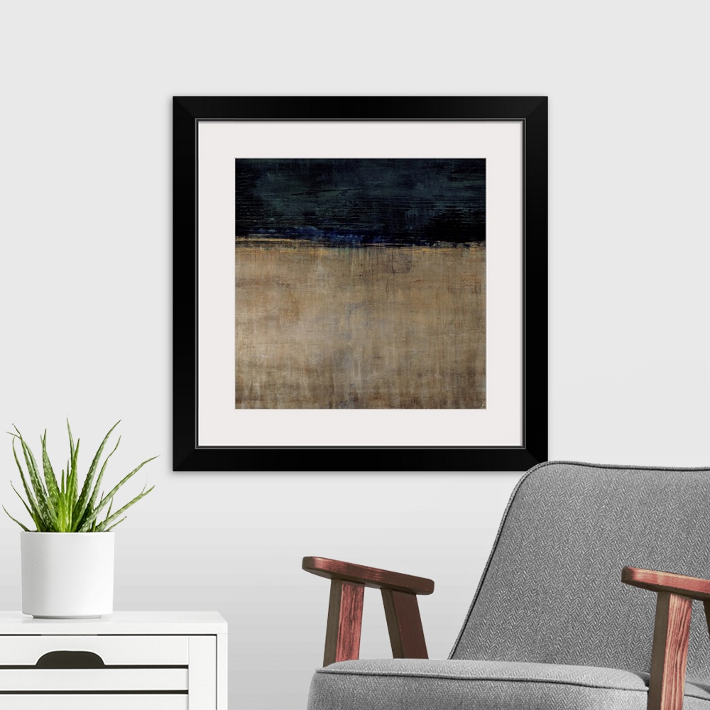 A modern room featuring Contemporary abstract painting using earth tones and dark blue to make a color field.