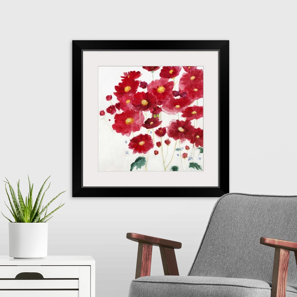 A modern room featuring A contemporary painting of vibrant red flowers against a white background.