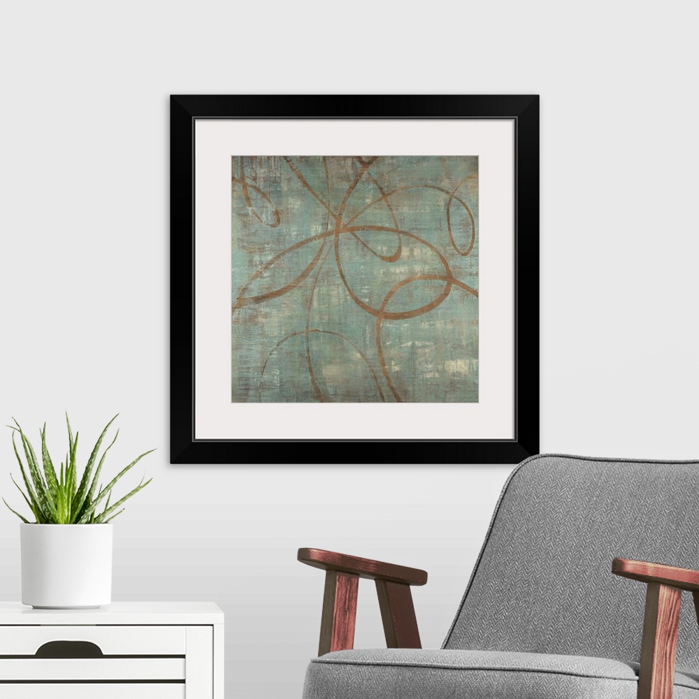 A modern room featuring Big abstract painting of lines curving on top of a grungy textured background.