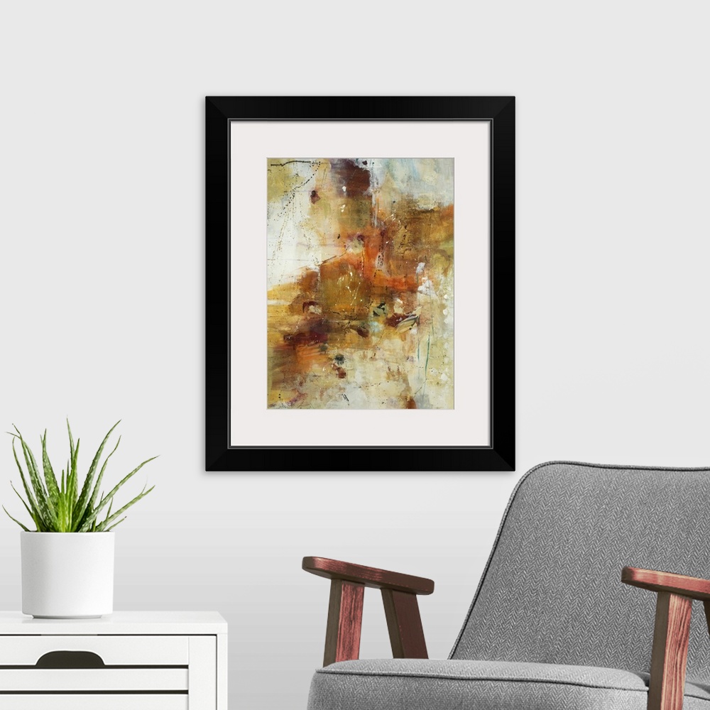 A modern room featuring A contemporary abstract painting using a mash up of earth tones.