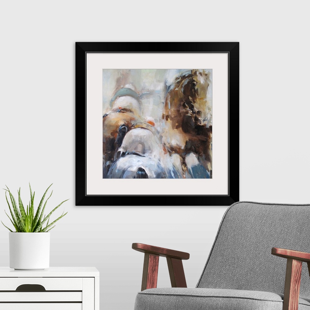 A modern room featuring This contemporary artwork uses energetic watercolor brush strokes to illustrate the intensity of ...