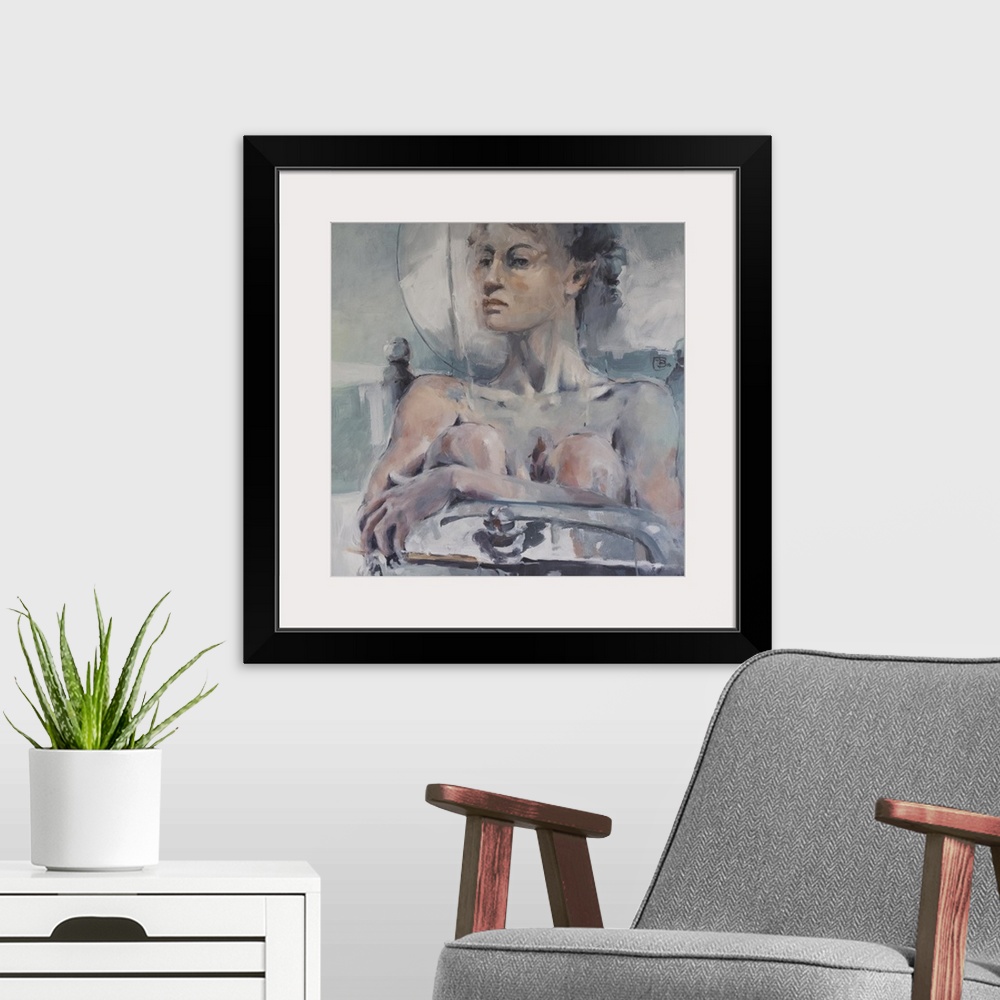 A modern room featuring This contemporary artwork features a female model gazing into the distance shaped from soft blues...