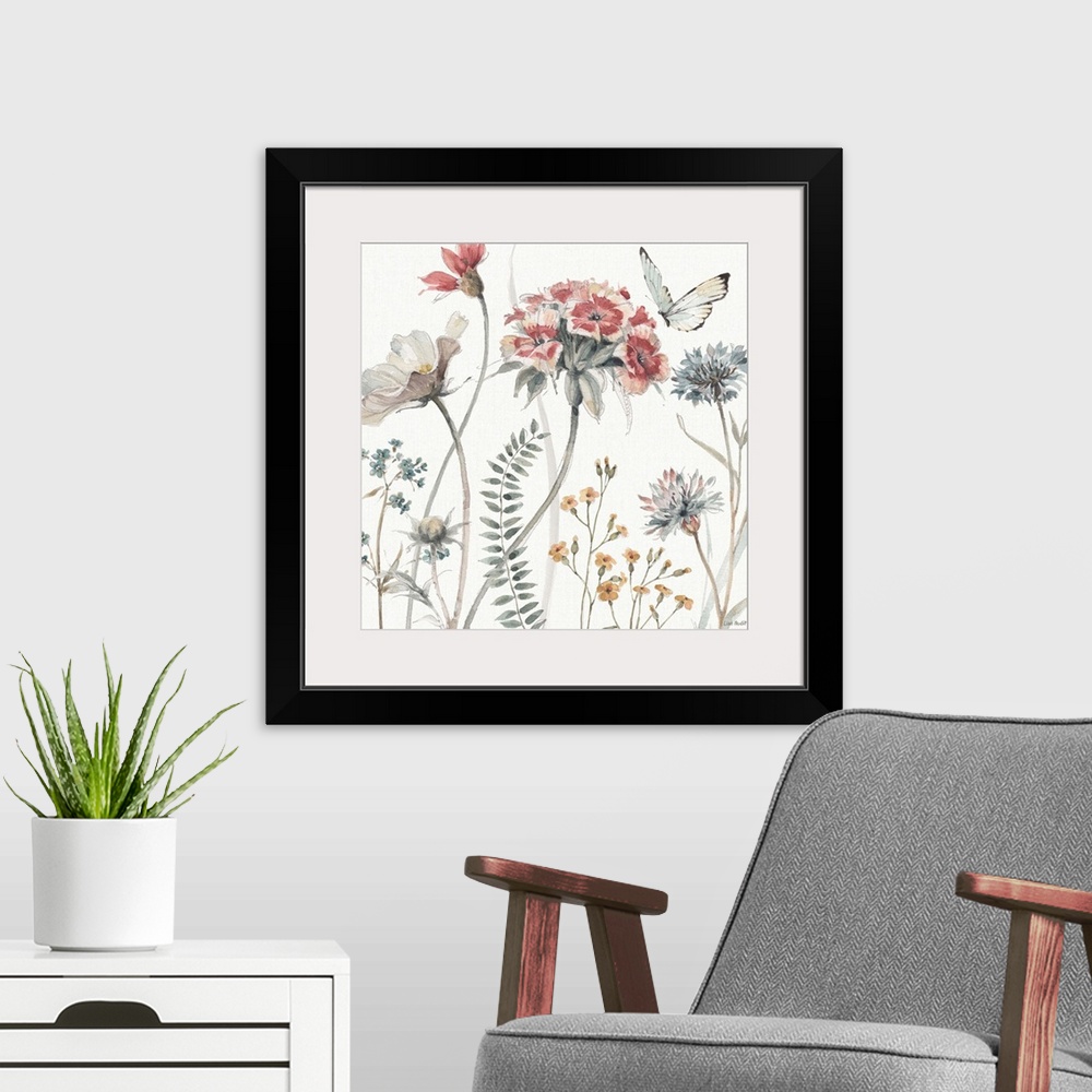 A modern room featuring A square decorative watercolor painting of a group of country wild flowers and butterfly on a whi...