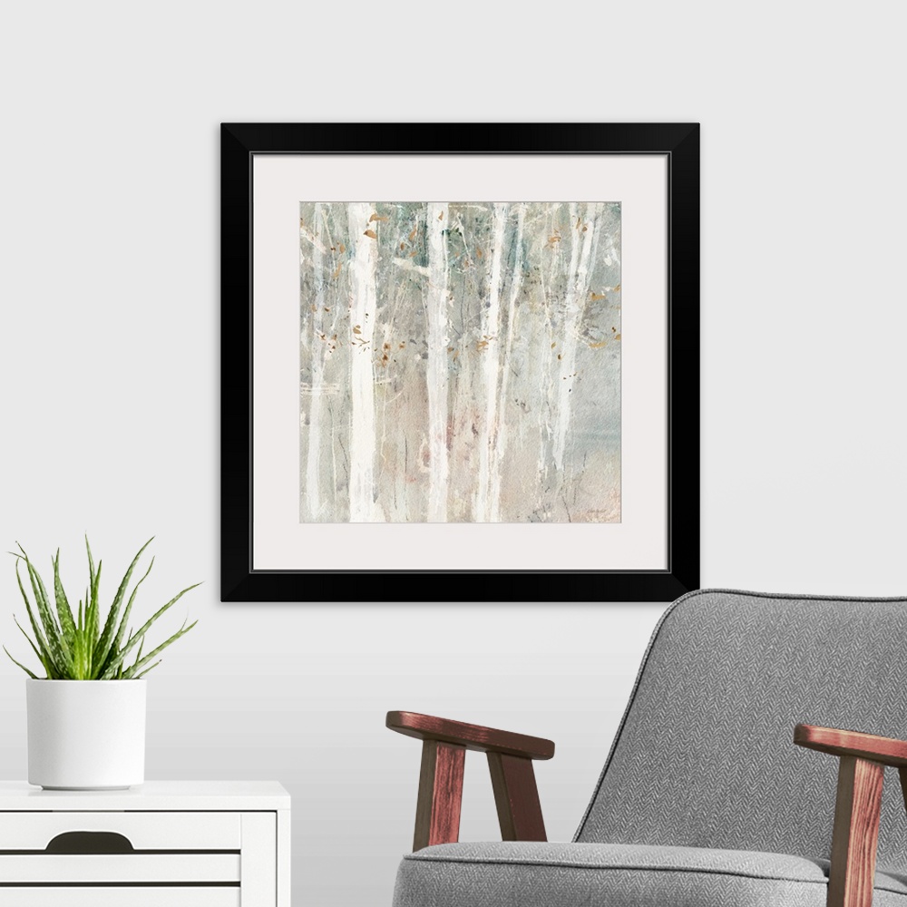A modern room featuring A contemporary abstract landscape of white trees in the forest with a water-colored neutral backg...