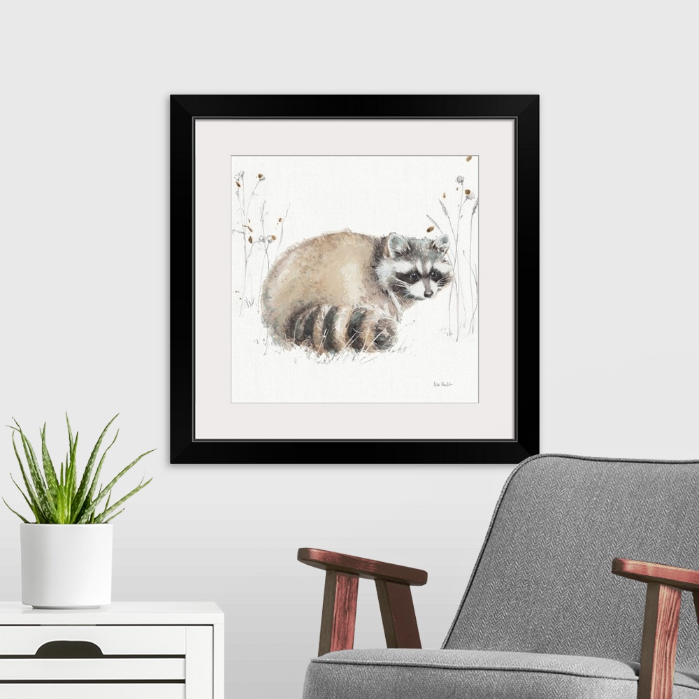 A modern room featuring Decorative artwork of a watercolor raccoon perched on a branch against a white background.
