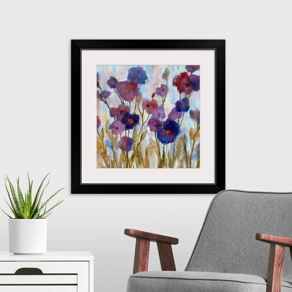 A modern room featuring Giant contemporary art shows a group of flowers with little detail set against a fairly bare back...