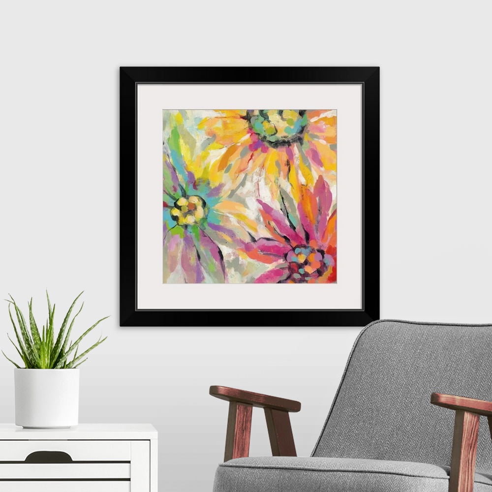 A modern room featuring Contemporary painting of vibrant colorful flowers.