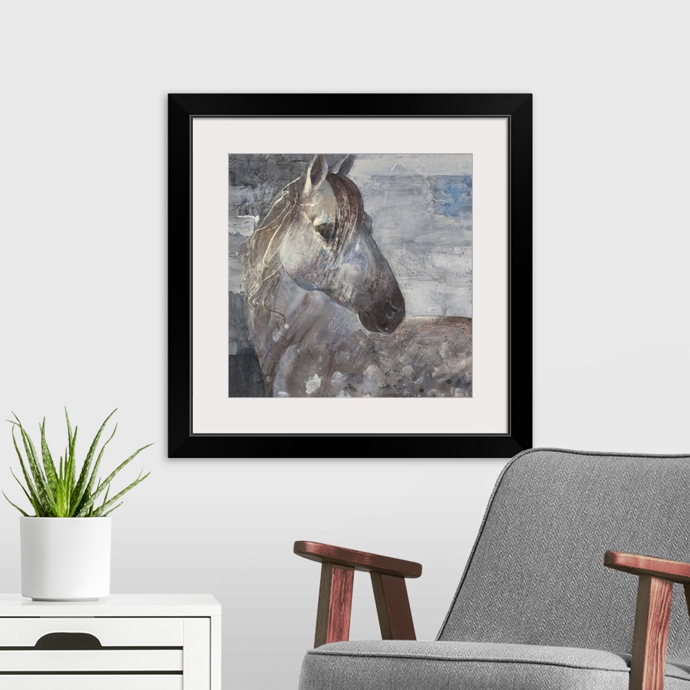 A modern room featuring Painting of a spotted appaloosa horse with its head turned around.