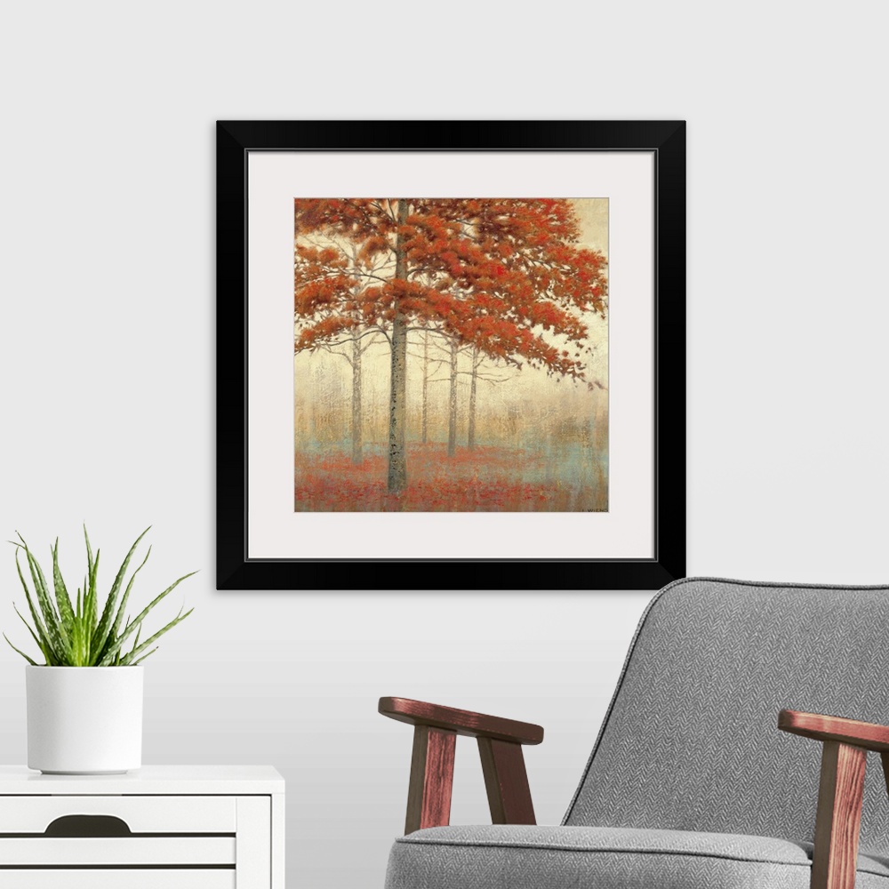 A modern room featuring Brushstroke painting of a tree with fall colors in a small forest with a bed of flowers at it's b...