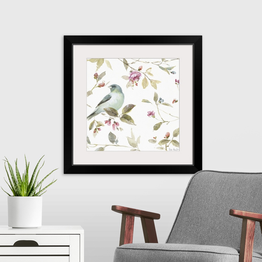 A modern room featuring Square watercolor painting with a blue songbird surrounded by leaves and pink buds and flowers.