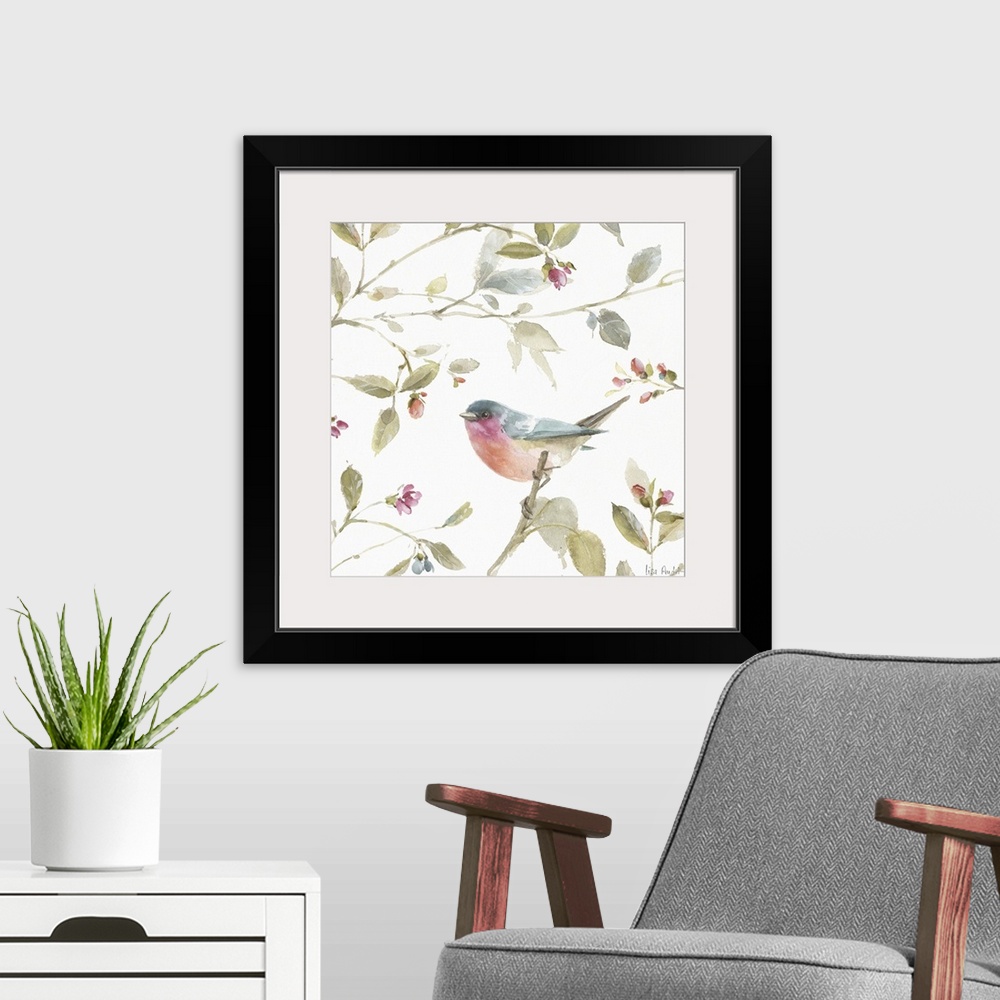 A modern room featuring Square watercolor painting of a colorful songbird perched on a branch and surrounded by leaves, f...