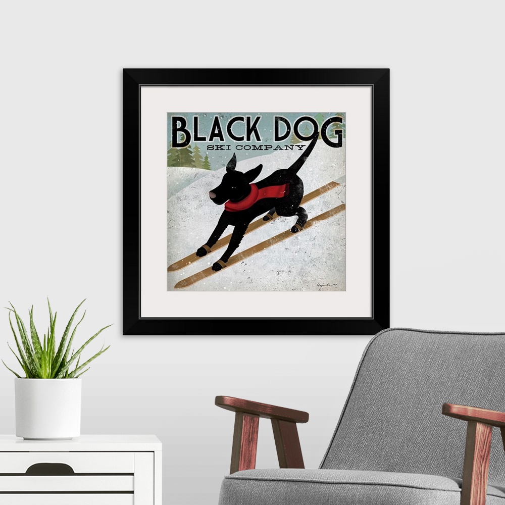 A modern room featuring Giant square canvas art displays an advertisement for Black Dog Ski Company.  In the ad, a dog we...