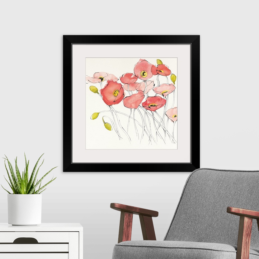 A modern room featuring Contemporary watercolor painting of pale red flowers against a white background.