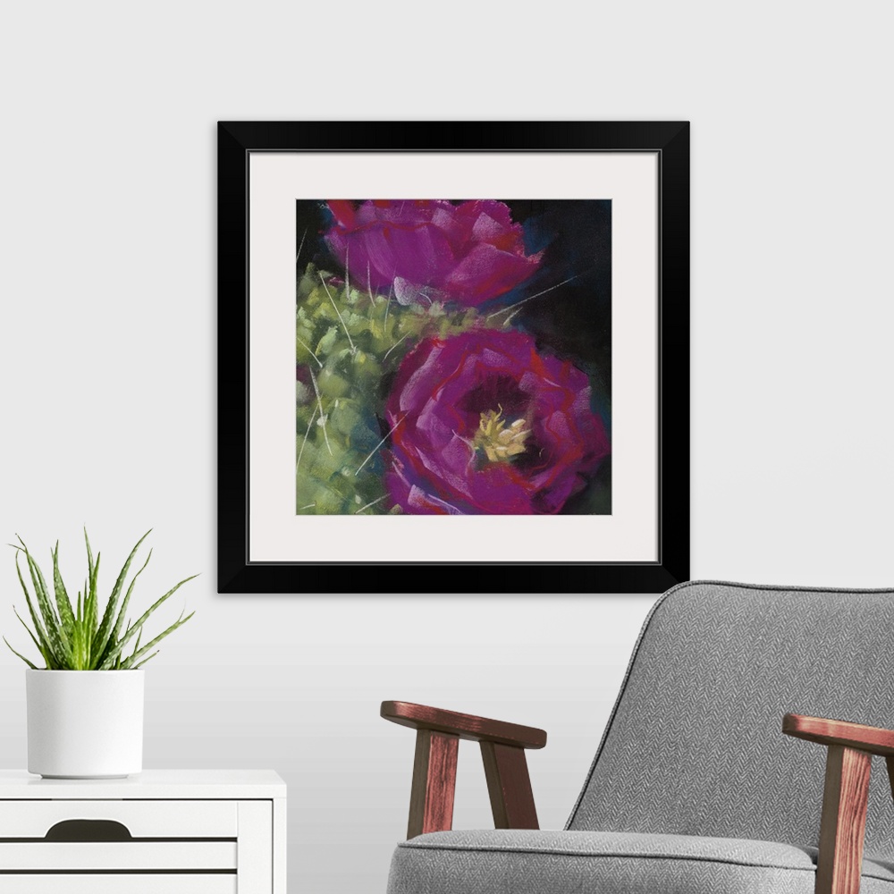 A modern room featuring A square contemporary painting of purple blooms on a cactus with a black background.