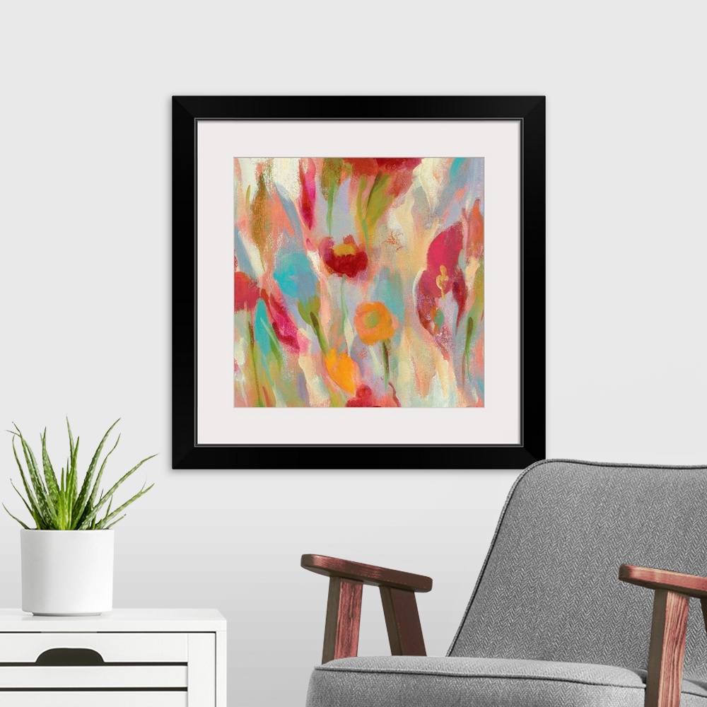 A modern room featuring Contemporary abstract painting of a flowers.