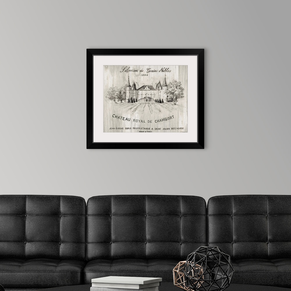 A modern room featuring Gray and white sketch of the Chateau Royal De Chamborat vineyard on wood panels.