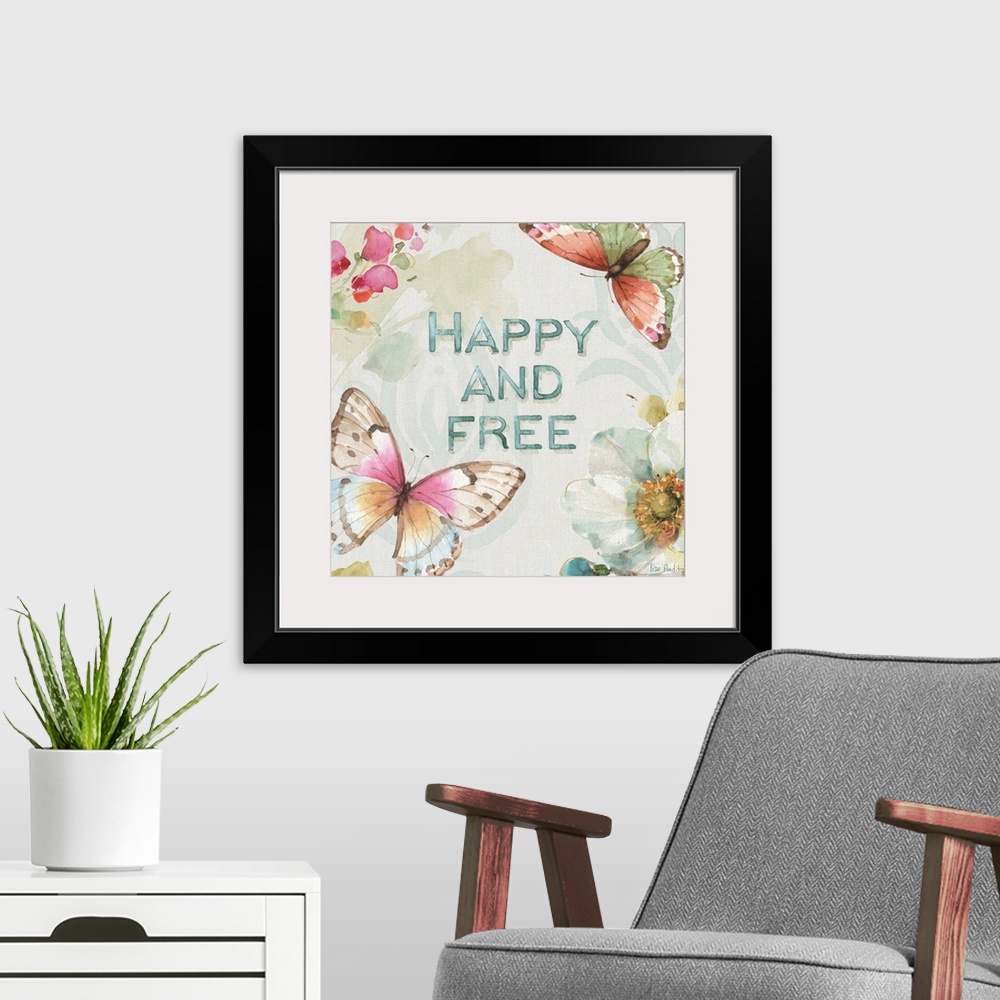A modern room featuring Contemporary sentiment artwork incorporating butterflies and flowers.